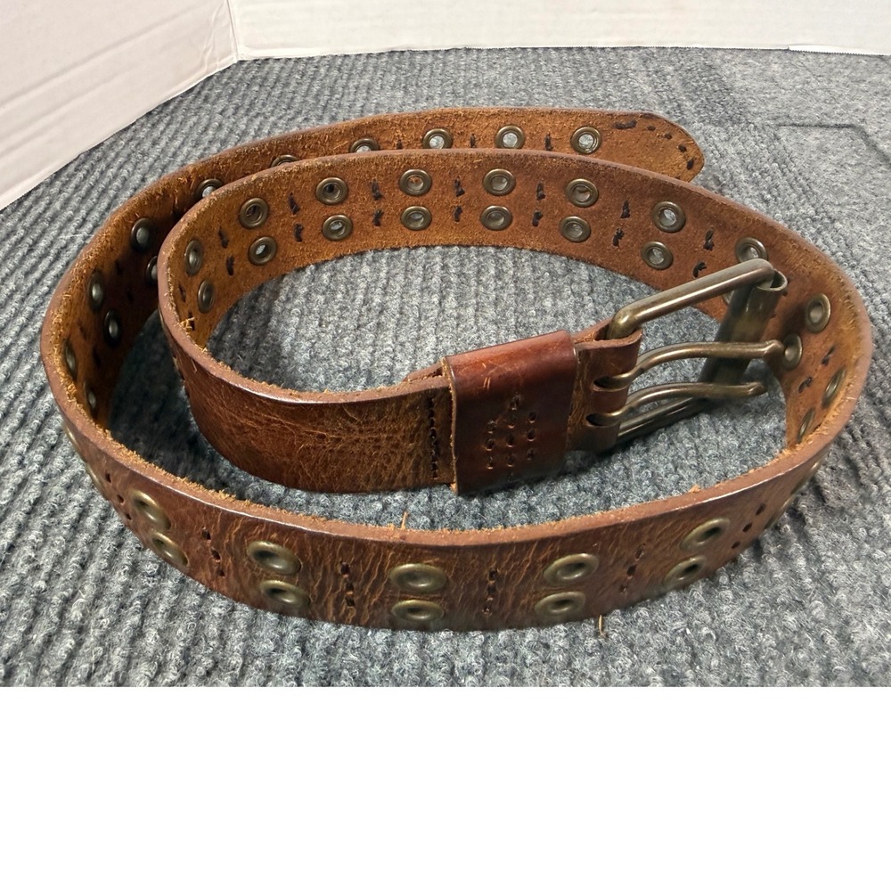 Vintage Distressed Brown Leather Grommet Belt Triple Prong Brass Buckle 40 Inch
